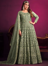 Green Net Heavy Embroidered Anarkali Suit